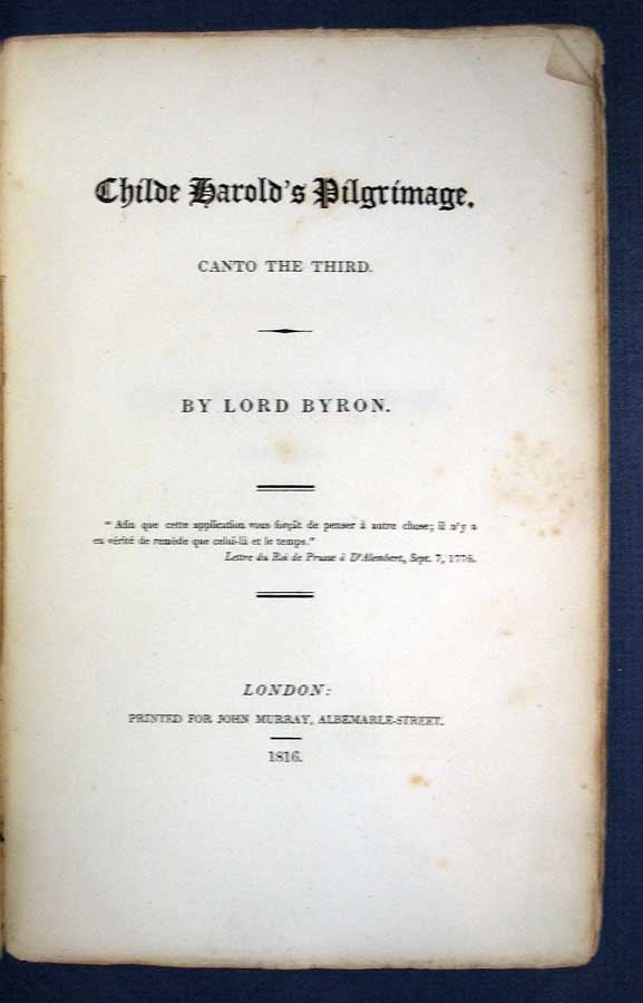 Item #11133 CHILDE HAROLD's PILGRIMAGE: Canto the Third. Lord Byron.