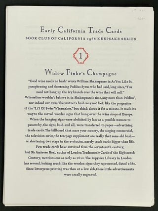 Item #18330 EARLY CALIFORNIA TRADE CARDS. Book Club of California 1966 Keepsake Series, No. 1 -...