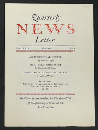 Item #19089.1 QUARTERLY NEWS LETTER, Vol. XXIV, Fall 1959. No. 4. Book Club of California, David...
