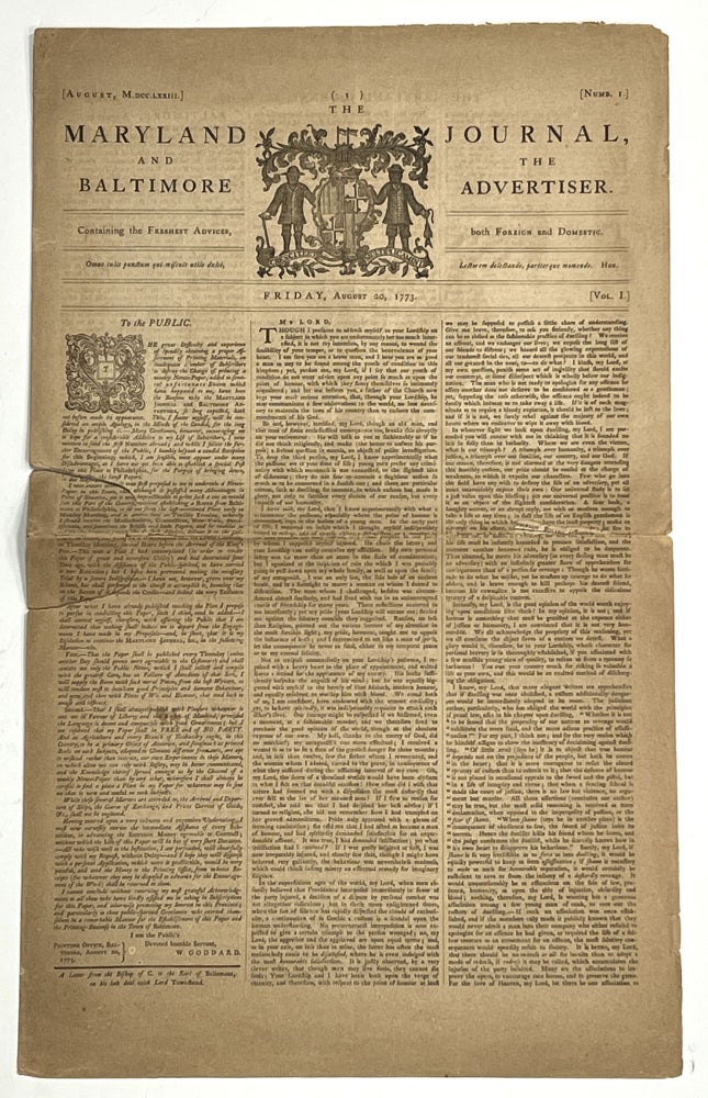 Item #20539 The MARYLAND JOURNAL And The BALTIMORE ADVERTISER. Volume I, Number 1. [Facsimile Reprint]. Colonial Newspaper, William Goddard, George Washington, 1740 - 1817.