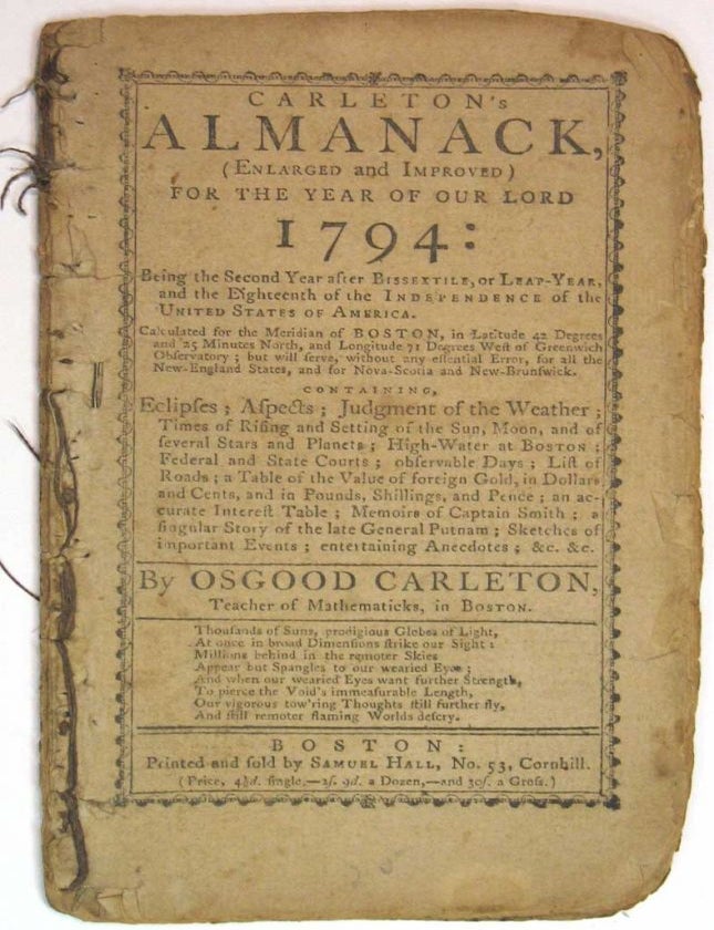 Item #24472 CARLETON'S ALMANACK, (Enlarged and Improved) for the Year of Our Lord 1794. Osgood Carleton.