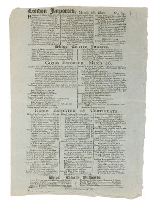 BILL Of ENTRY BROADSIDE. "LONDON IMPORTED, March 22 - 26, 1802. No. 60. - No. 63"