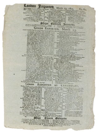 BILL Of ENTRY BROADSIDE. "LONDON IMPORTED, March 22 - 26, 1802. No. 60. - No. 63"