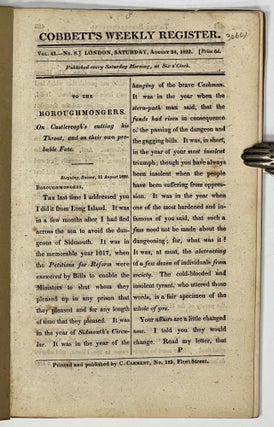 Item #30601 COBBETT'S WEEKLY REGISTER. Vol. 43 - No. 8. Saturday, Aug. 24, 1822. William. 1762...