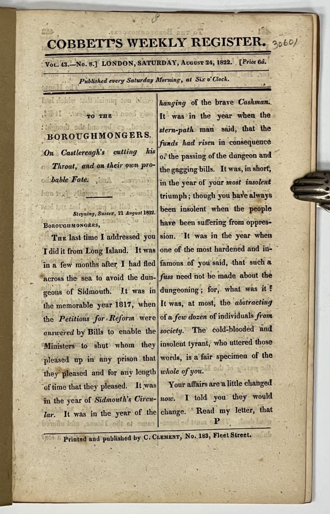 Item #30601 COBBETT'S WEEKLY REGISTER. Vol. 43 - No. 8. Saturday, Aug. 24, 1822. William. 1762 - 1835 Cobbett.
