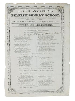 ORDER Of EXERCISES. Second Anniversary of the Pilgrim Sunday School Attached to the Unitarian. Event Broadside.