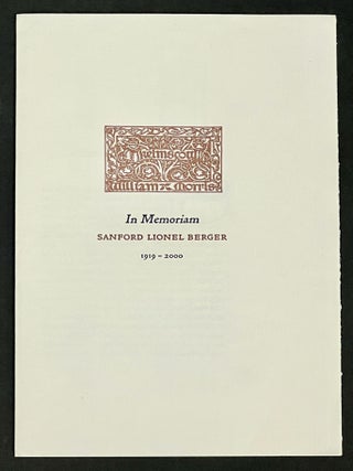 Item #35289 In MEMORIAM SANFORD LIONEL BERGER 1919 - 2000. Publication Prospectus, Sanford...