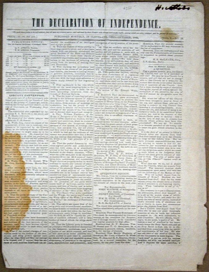 Item #35579 The DECLARATION Of INDEPENDENCE. Published Monthly, in Cleveland, Ohio. October, 1842. Vol I. -- No. 10. Q. F. - Atkins.