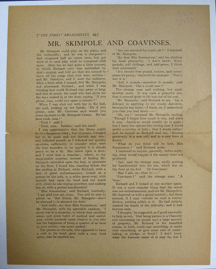 Item #35633 MR. SKIMPOLE And COAVINSES. "The Times" Broadsheets. 66. Charles Dickens, 1812 - 1870.