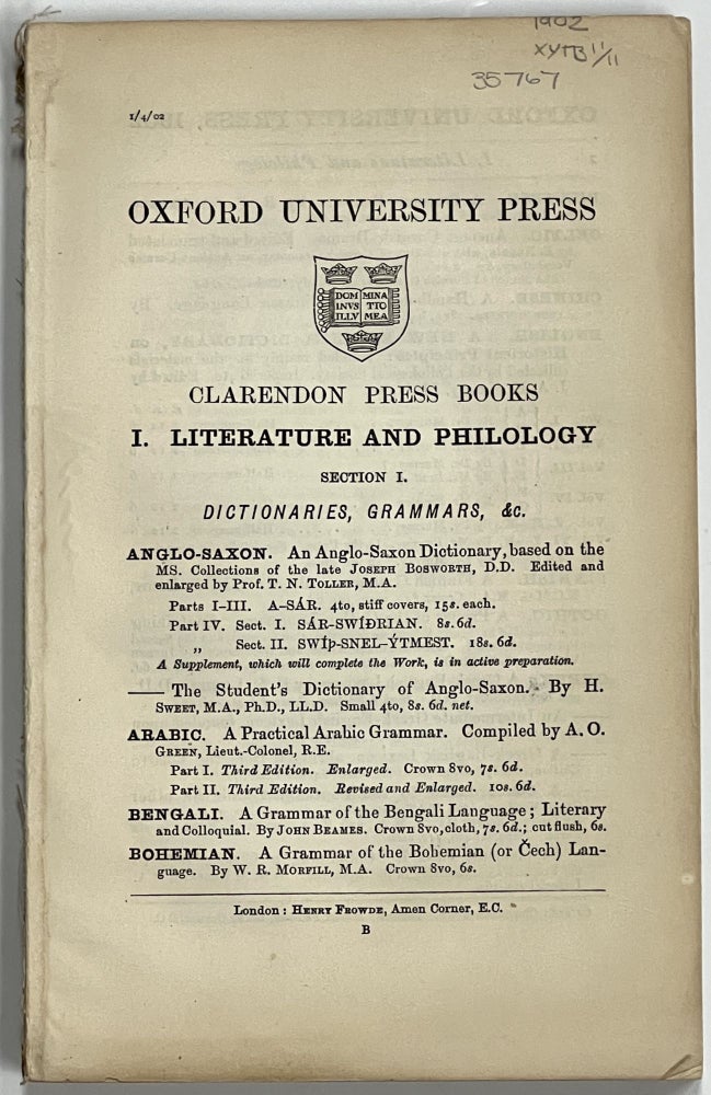 Item #35767 OXFORD UNIVERSITY PRESS. Clarendon Press Books. Bookseller Catalogue.