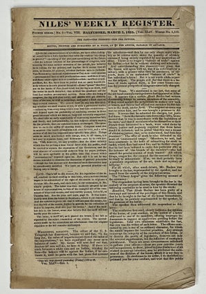 Item #35905 NILES' WEEKLY REGSITER. Fourth Series. No. I - Vol. VIII. March, 2 1833. Vol...