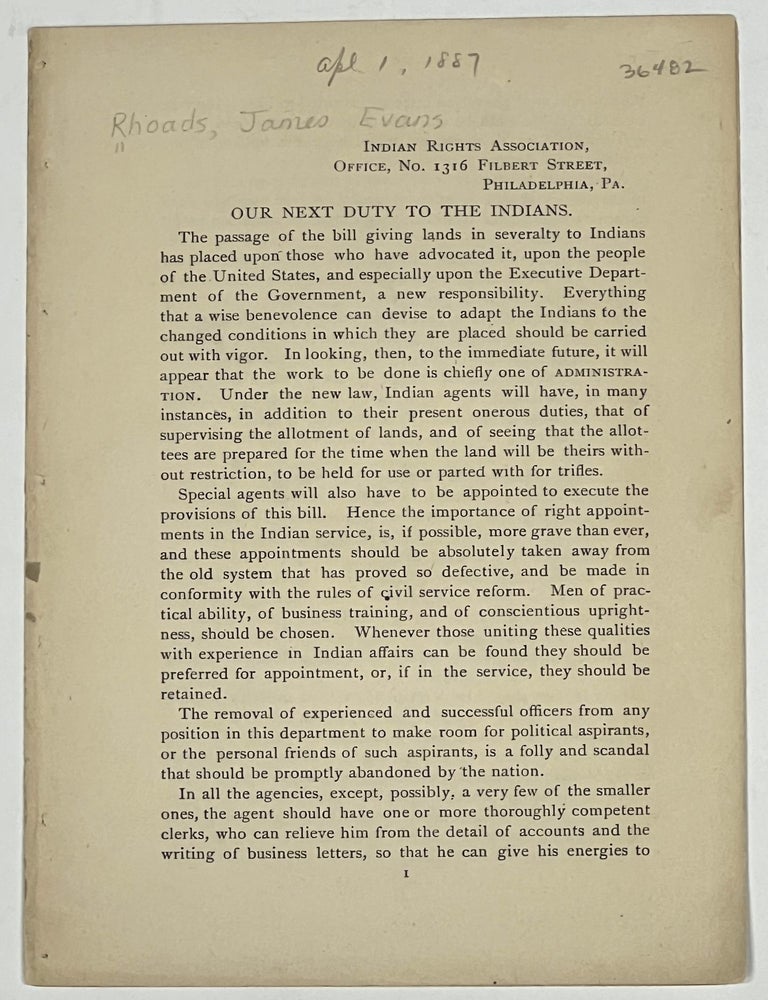 OUR NEXT DUTY To The INDIANS Drop title | James Evans Rhoades | 1st ...