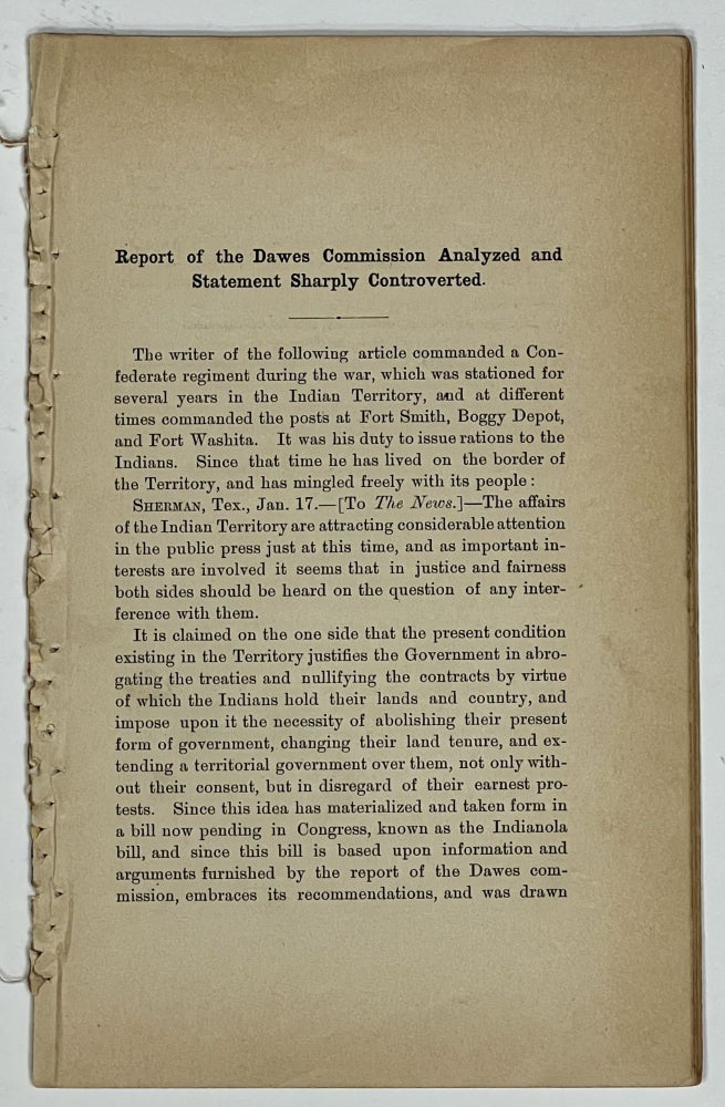 Item #37249 REPORT Of The DAWES COMMISSION ANALYZED And STATEMENT SHARPLY CONTROVERTED. T. D. Taliaferro, F. M. - Contributors, Moore, Walter P., C. J. King, Harris, Dew M., Wisdom.
