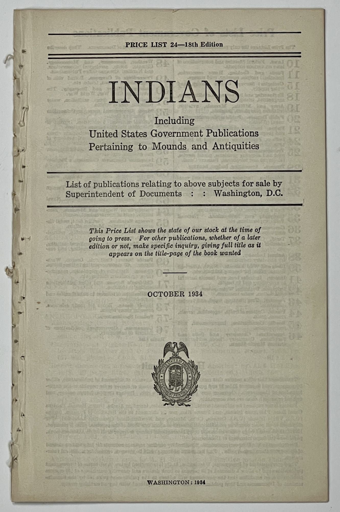 [Book Catalogue] - INDIANS. Including United States Government Publications Pertaining to Mounds and Antiquities. List of publications relating to above subjects for sale by Superintendent of Documents. Price List 24 - 18th Edition