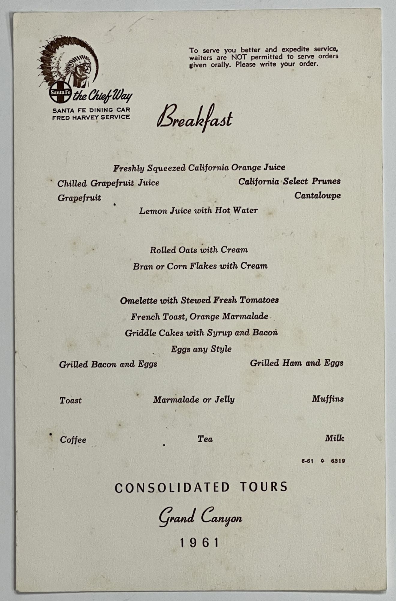 [Consolidated Tours Santa Fe Dining Car Menu] - BREAKFAST MENU. Consolidated Tours - Grand Canyon. 1961