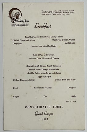Item #39981 BREAKFAST MENU. Consolidated Tours - Grand Canyon. 1961. Consolidated Tours Santa...