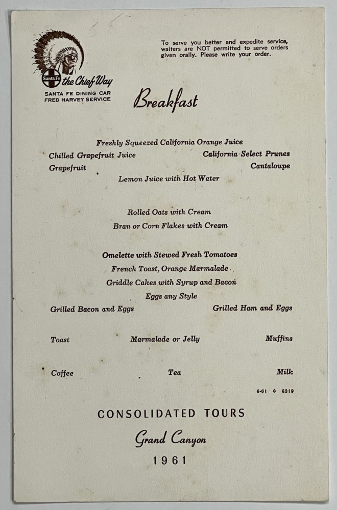 Item #39981 BREAKFAST MENU. Consolidated Tours - Grand Canyon. 1961. Consolidated Tours Santa Fe Dining Car Menu.
