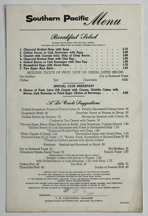 Item #39982 SOUTHERN PACIFIC MENU. Breakfast Select and A La Carte Suggestions. Southern Pacific...