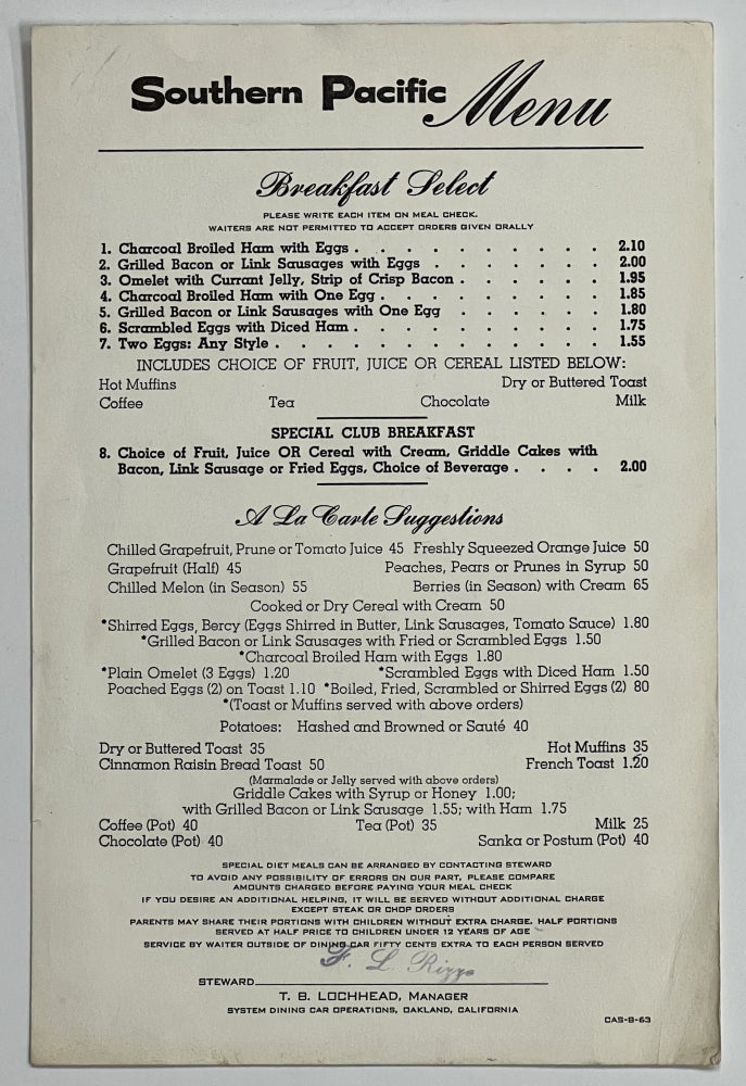 Item #39982 SOUTHERN PACIFIC MENU. Breakfast Select and A La Carte Suggestions. Southern Pacific Railway Menu, T. B. - Contributor Lochhead.