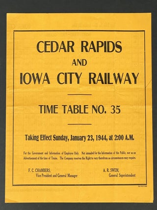 Item #40437 CEDAR RAPIDS And IOWA CITY RAILWAY TIME TABLE No. 35. Cedar Rapids, Iowa City...