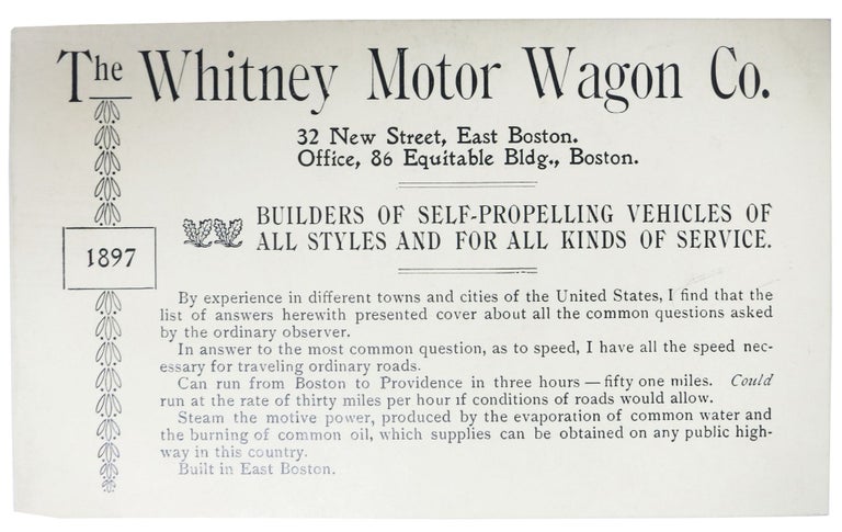 Item #40478 The WHITNEY MOTOR WAGON CO. Builders of Self-Propelling Vehicles of All Styles and for All Kinds of Service. 1897. Automobile Promotional Brochure, George Eli Whitney, 1862 - 1963.