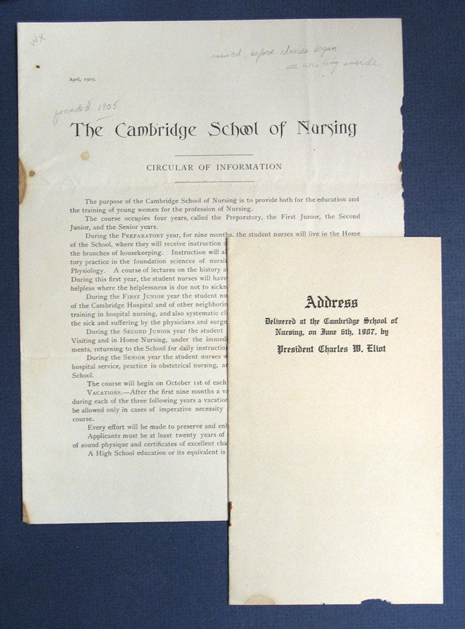 Item #40886 The CAMBRIDGE SCHOOL Of NURSING. Circular and Address. Cambridge School of Nursing. Charles . Eliot - Contributor, illiam.