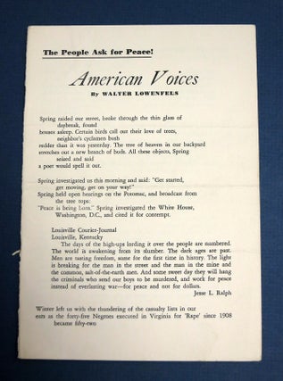 Item #41406 AMERICAN VOICES. The People Ask for Peace! Walter Lowenfels