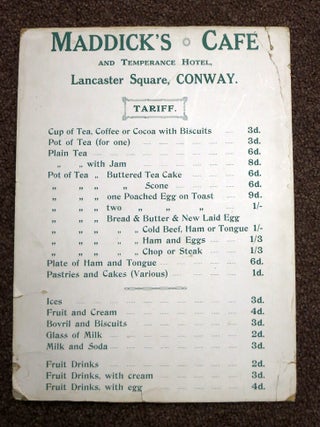 Item #41452 MADDICK'S CAFE And TEMPERANCE HOTEL, Lancaster Square, Conway. Temperance Menu