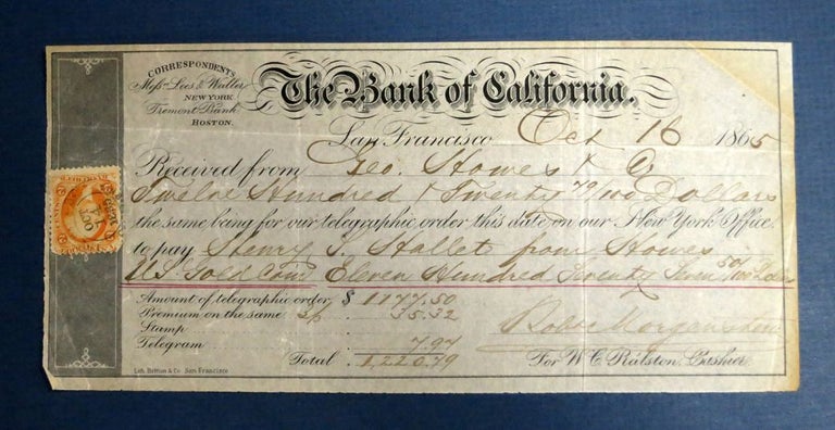 Item #41489 BANK Of CALIFORNIA TELEGRAPHIC ORDER, Dated October 16, 1865. Bank of California.