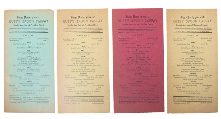Item #41496 JIGGS PARTY GIVEN At RUSTY SPOON CAFFAY. Lot of 4 Menus for the Rusty Spoon Caffay for Wednesday, July 21, 1937. Party Menu, Rusty Spoon Caffay.