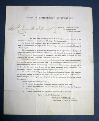 Item #41558 WORLD'S TEMPERANCE CONVENTION. National Temperance Society, November 10th, 1845....