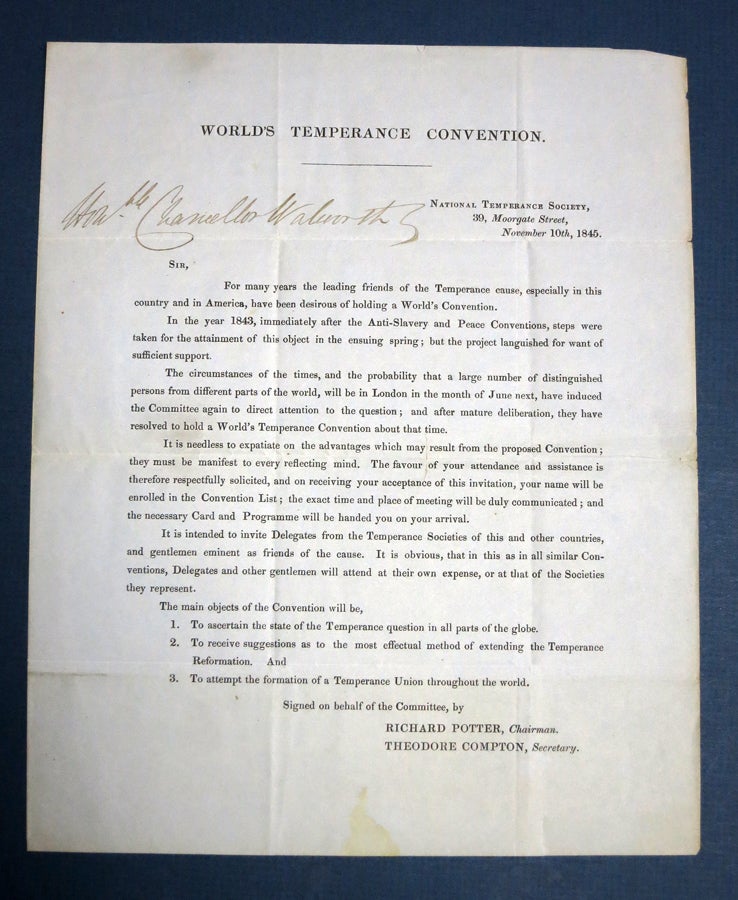 Item #41558 WORLD'S TEMPERANCE CONVENTION. National Temperance Society, November 10th, 1845. Richard Potter, Theodore Compton.