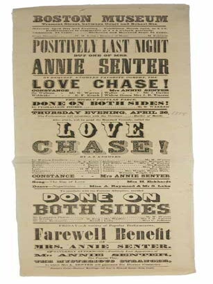 Item #41960 LOVE CHASE. Boston Museum. April 26. Theatre Playbill, Mrs. Annie Senter