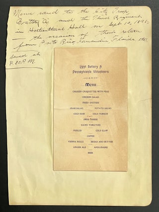 SOUVENIR.... OFFICIAL RECEPTION And LUNCHEON TENDERED By The CITY OF PHILADELPHIA To LIGHT BATTERY A PENNSYLVANIA VOLUNTEERS On ITS RETURN From SPANISH-AMERICAN WAR, Horticultural Hall, September 10, 1898.