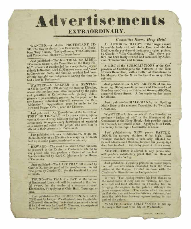 Item #42650 ADVERTISEMENTS EXTRAORDINARY. Political Satire, Lord C. Manners, Charles X. - Named Individuals.