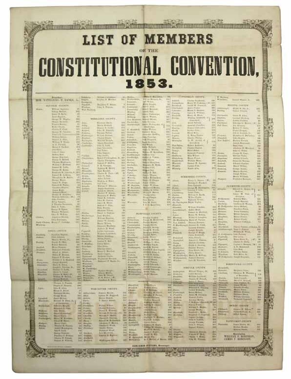 Item #42993 LIST Of MEMBERS Of The CONSTITUTIONAL CONVENTION, 1853. Massachusetts History, Benjamin - Messenger Stevens.