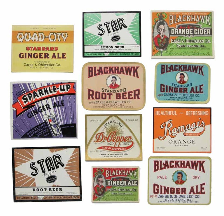 Item #43273 LOT OF 11 SODA LABELS, Circa 1930s. Beverages / Cookery.