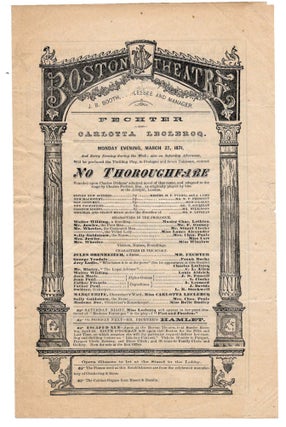 Item #44951 NO THOROUGHFARE. BOSTON THEATRE: Monday Evening, March 27, 1871. Theatre Playbill,...