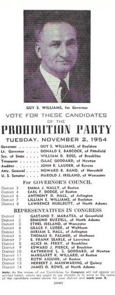 Item #45970 VOTE For THESE CANDIDATES Of The PROHIBITION PARTY.; Tuesday, November 2, 1954....