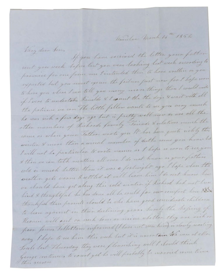 Item #46494 AUTOGRAPH LETTER[S], Signed.; To her "Very Dear Son" [Lathrop C Keith] & "Miss Marcy" Winslow March 14th 1852. California Gold Rush Impact, Ann Keith.