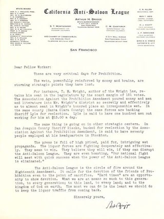 Item #46558 TWO TYPED LETTERS, ONE On CALIFORNIA ANTI-SALOON LEAGUE LETTERHEAD.; "These Are Very...