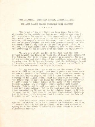 TWO TYPED LETTERS, ONE On CALIFORNIA ANTI-SALOON LEAGUE LETTERHEAD.; "These Are Very Critical Days For Prohibition."