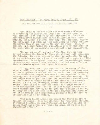 TWO TYPED LETTERS, ONE On CALIFORNIA ANTI-SALOON LEAGUE LETTERHEAD.; "These Are Very Critical Days For Prohibition."