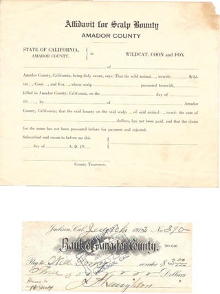 Item #46571 LOT Of NINE BANK Of AMADOR COUNTY CHECKS And TWO 'AFFIDAVIT For SCALP BOUNTY'. Ca....