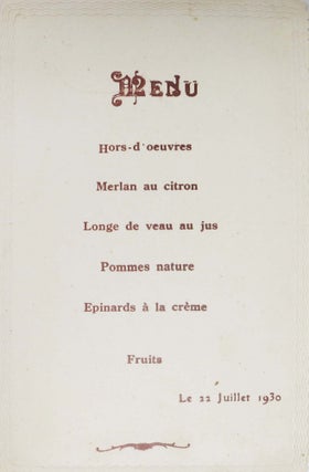 Item #46696 MENU.; Le 22 Juillet 1930. French Menu