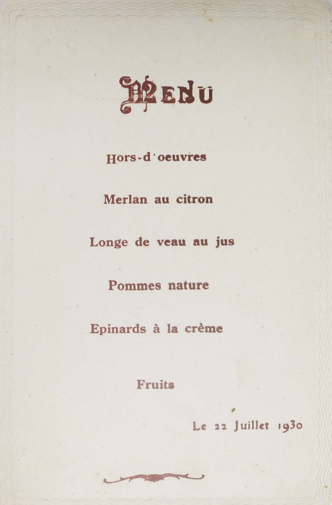 Item #46696 MENU.; Le 22 Juillet 1930. French Menu.
