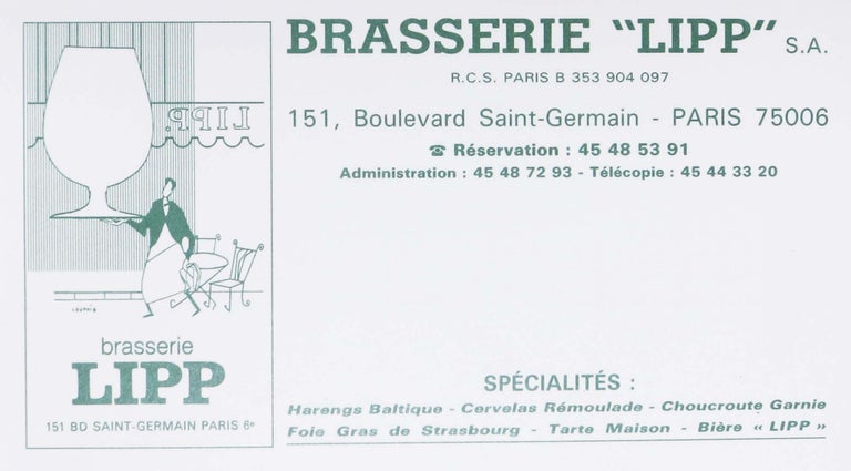 Item #46698 BRASSERIE "LIPP" Resturant Menu - French.