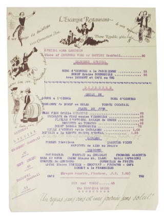 Item #47111 L'ESCARGOT RESTAURANT. French Restaurant Menu -, Washington D. C. ?