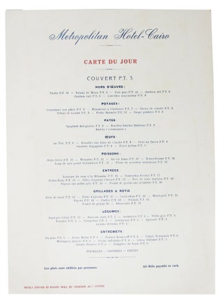 Item #47120 METROPOLITAN HOTEL - CAIRO. Egypt Restaurant Menu - Cairo