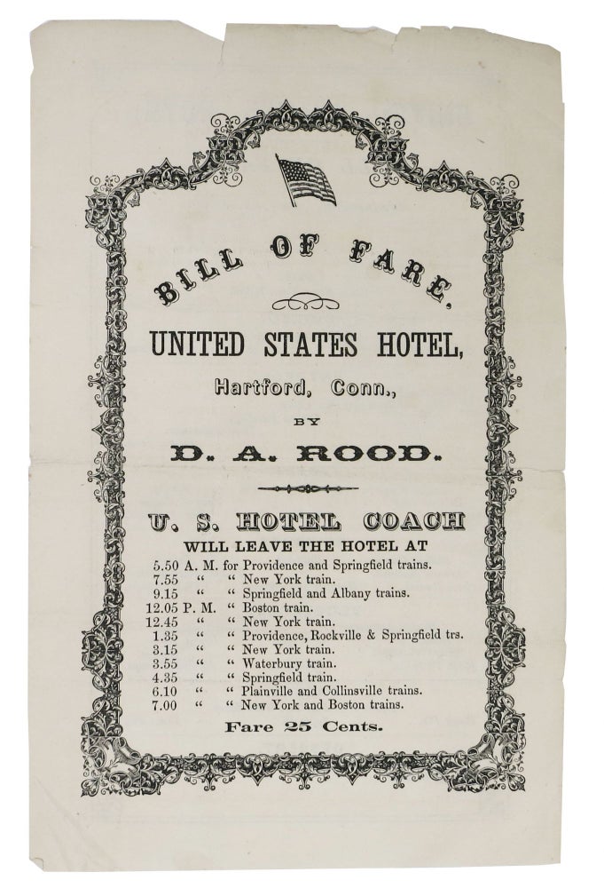 Item #47559 BILL Of FARE. UNITED STATES HOTEL. Hartford, Conn., by D. A. Rood.; Wednesday, May 18. 1870. D. A. Rood.